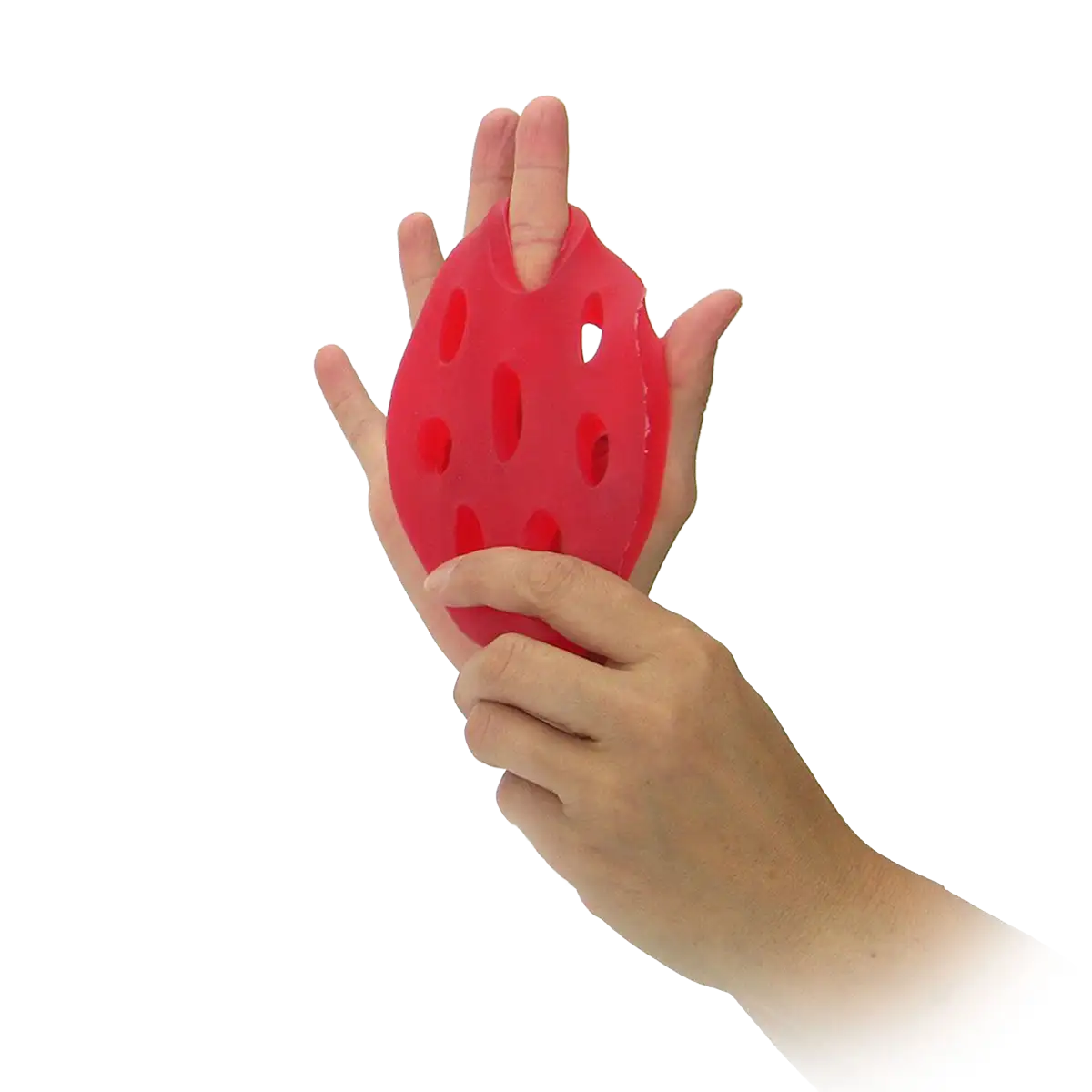 Nahaufnahme TheraBand Hand XTrainer in rot in Anwendung. #farbe_rot