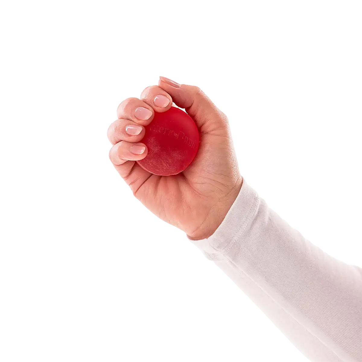 Eine Hand in Nahaufnahme hält einen TheraBand Handtrainer in rot umschlossen.