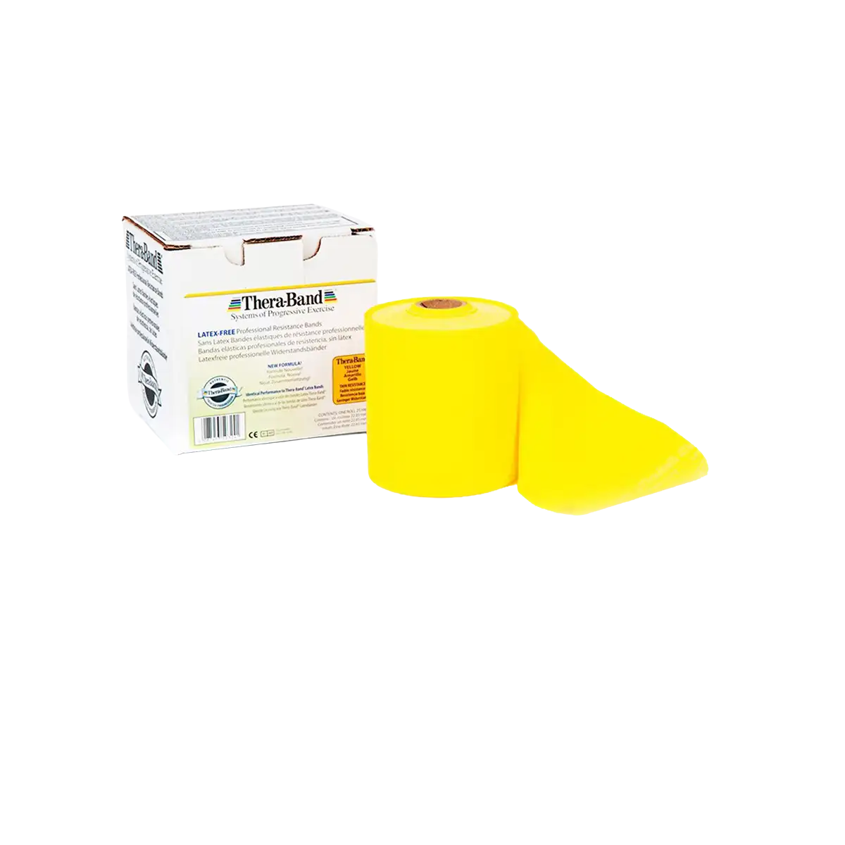 THERABAND Rolle 22,85 m in gelb mit Verpackung auf transparentem Hintergrund. #farbe_gelb