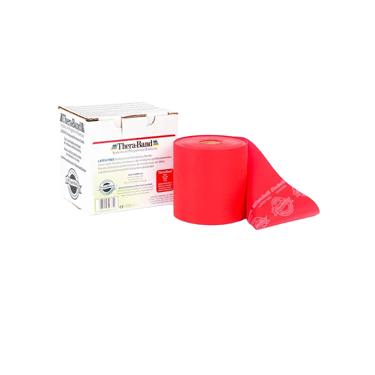 THERABAND Rolle 22,85 m in rot mit Verpackung auf transparentem Hintergrund. #farbe_rot