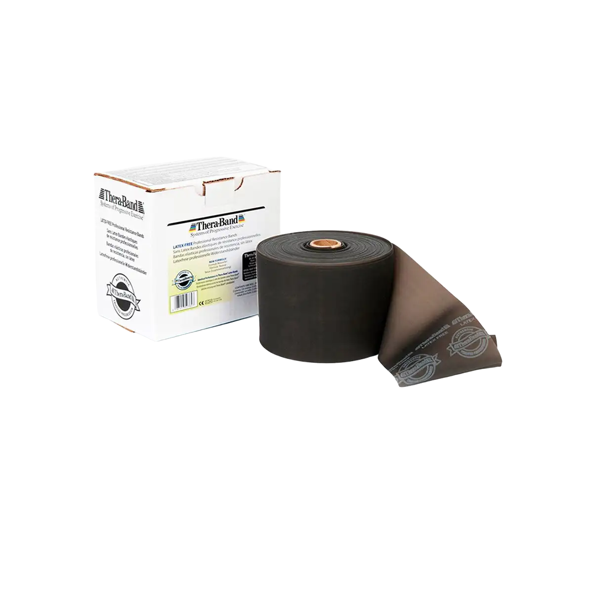 THERABAND Rolle 22,85 m in schwarz mit Verpackung auf transparentem Hintergrund. #farbe_schwarz