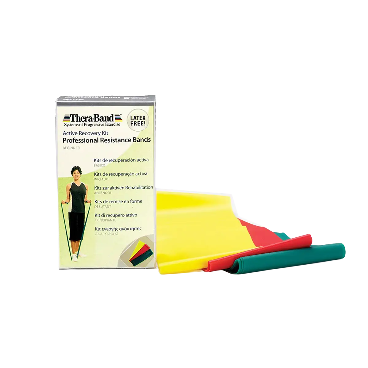 Drei latexfreie Therabänder in gelb, rot und grün mit Verpackung auf transparentem Hintergrund.
