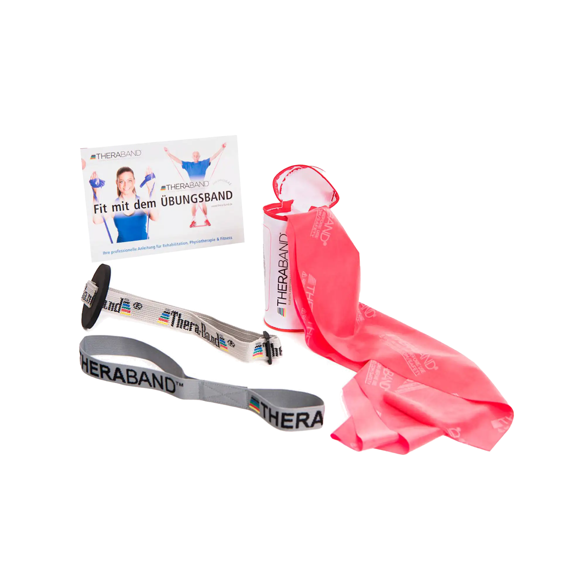 TheraBand 2,50 m, Türanker, Schlaufe und Übungsanleitung auf transparentem Hintergrund