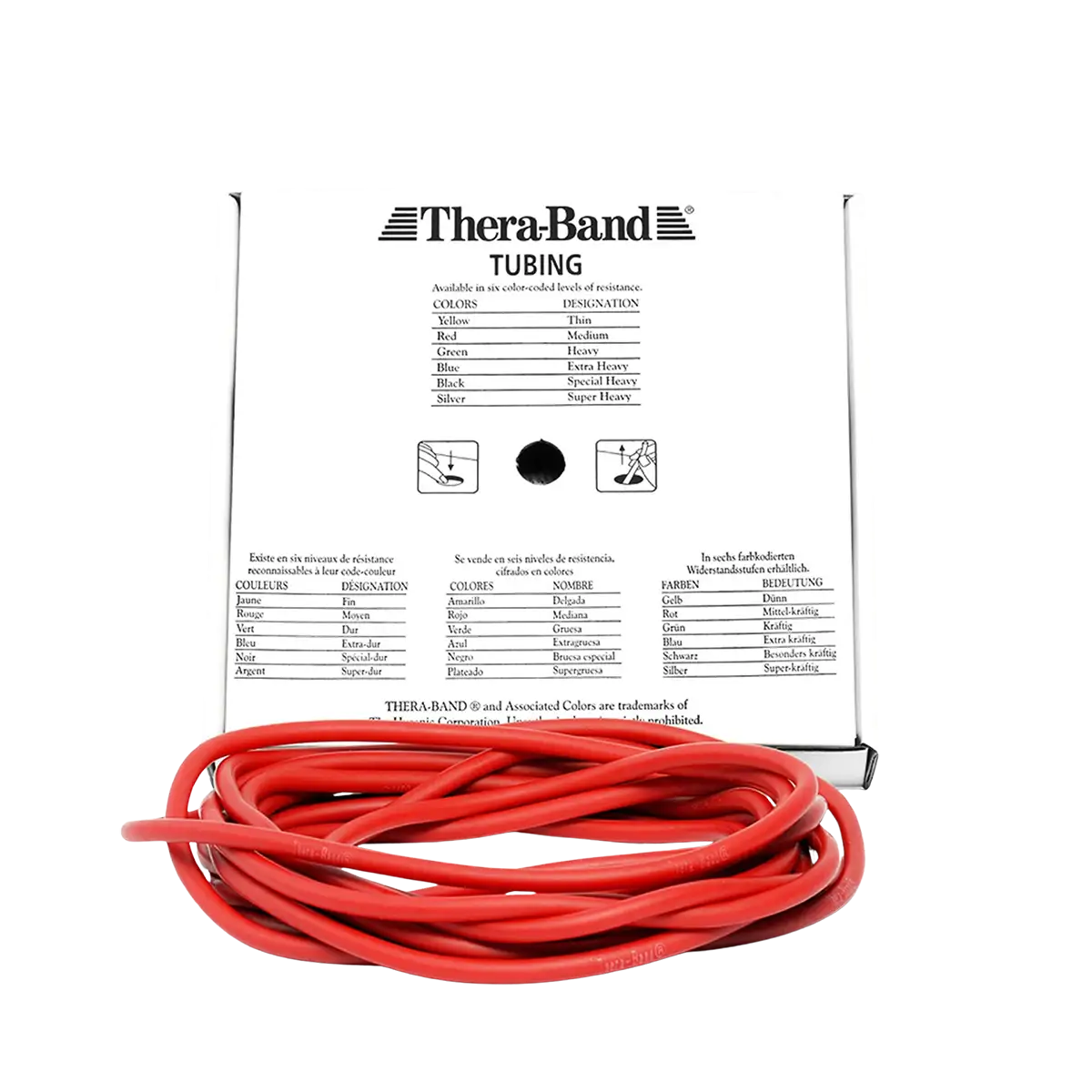 THERABAND Tubing 7,50 m in rot mit Verpackung auf transparentem Hintergrund. #farbe_rot