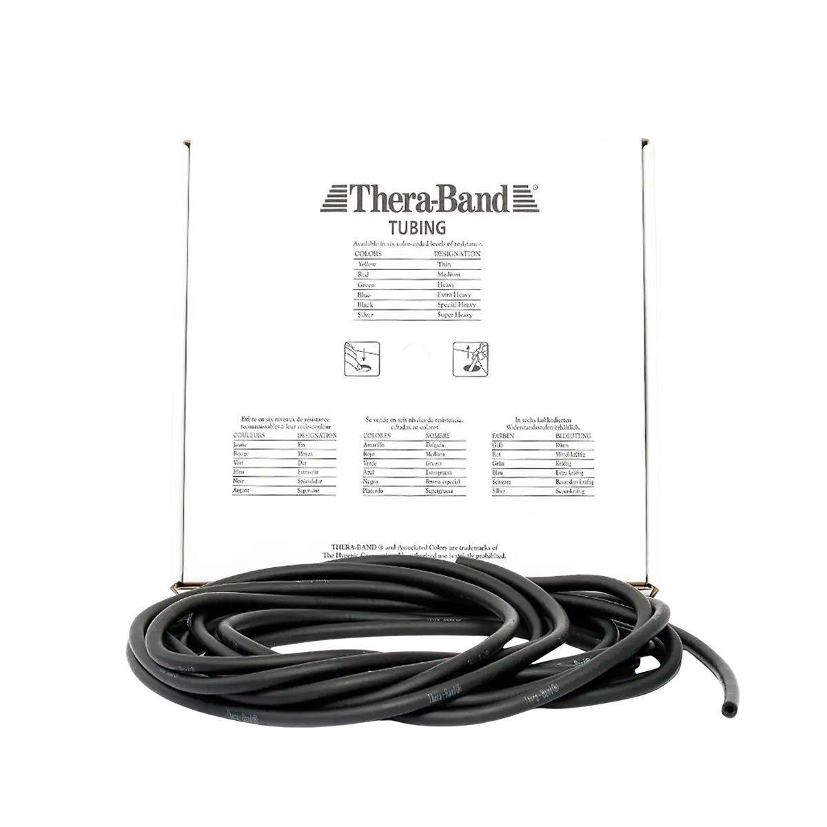 THERABAND Tubing 7,50 m in schwarz mit Verpackung auf transparentem Hintergrund. #farbe_schwarz
