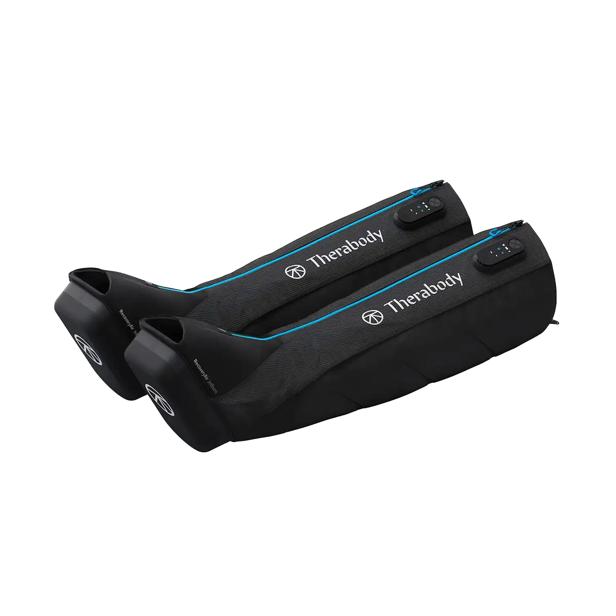 Ein Paar Therabody JetBoots Kompressionsstiefel auf transparentem Hintergrund