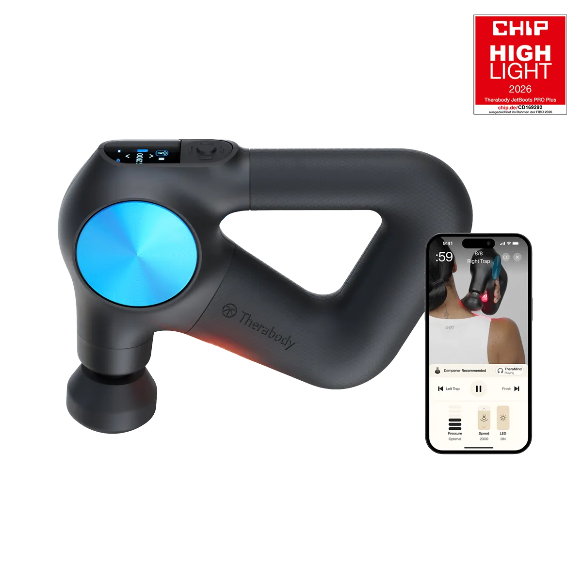 Therabody Theragun PRO Plus mit Smartphone und Siegel Chip Highlight 2026 auf transparentem Hintergrund