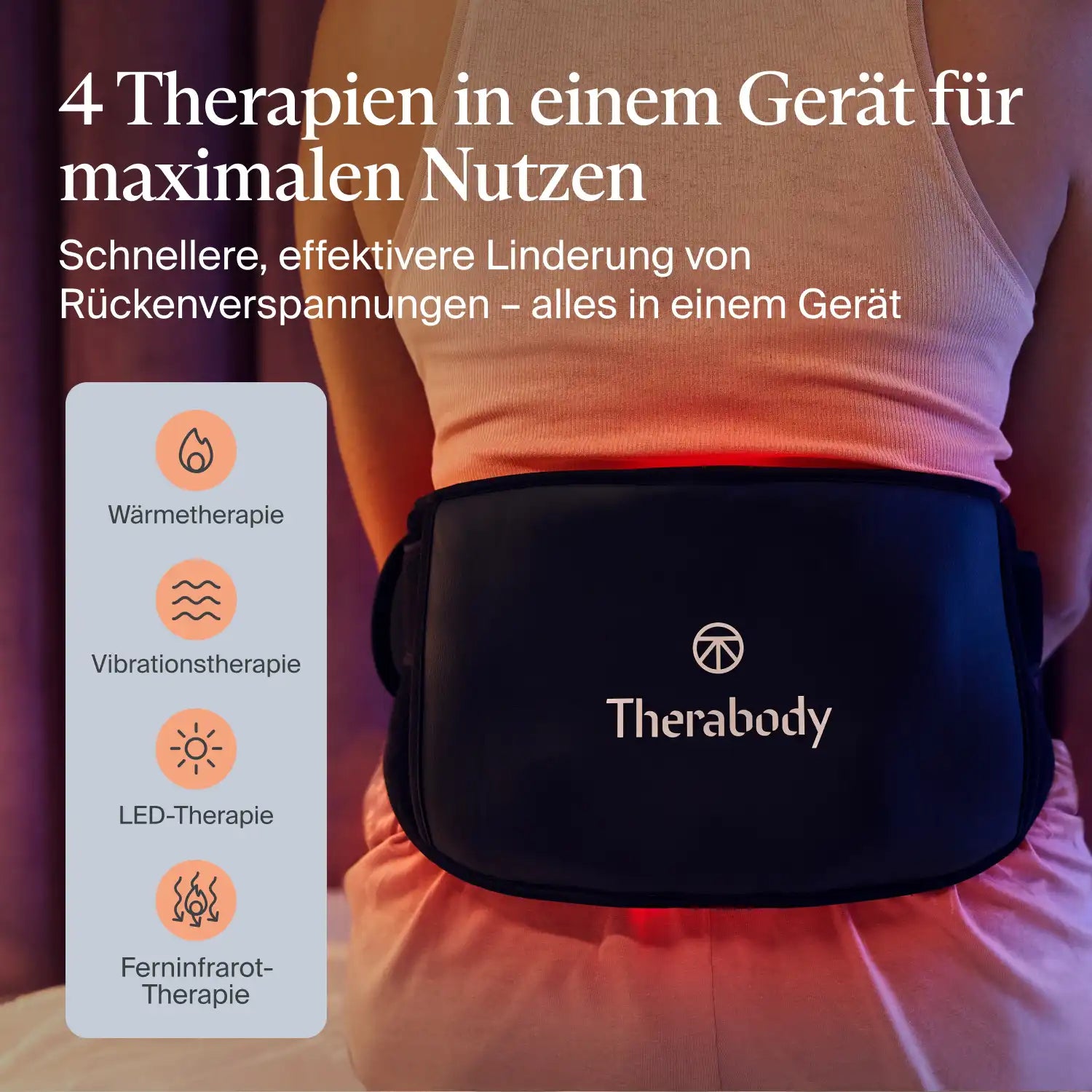 Therabody ThermBack LED Wärmegürtel Rückenbandage  mit vier aufgelisteten Anwendungsmöglichkeiten.
