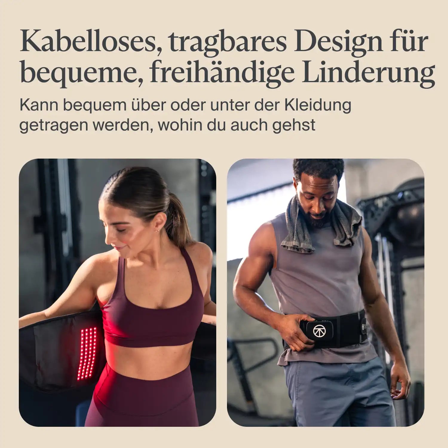 zwei Bilder von einer Frau und einem Mann, die jeweils eine Therabody ThermBack LED Wärmegürtel Rückenbandage um die Hüfte tragen; darüber wird über das bequeme Design hingewiesen.