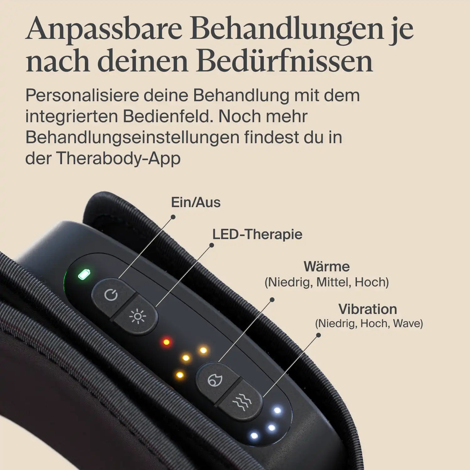 Therabody ThermBack LED Wärmegürtel Rückenbandage mit integriertem Bedienfeld, Anzeige von Einstellungen für LED-Therapie, Wärme und Vibration zur individuellen Anpassung der Behandlung.