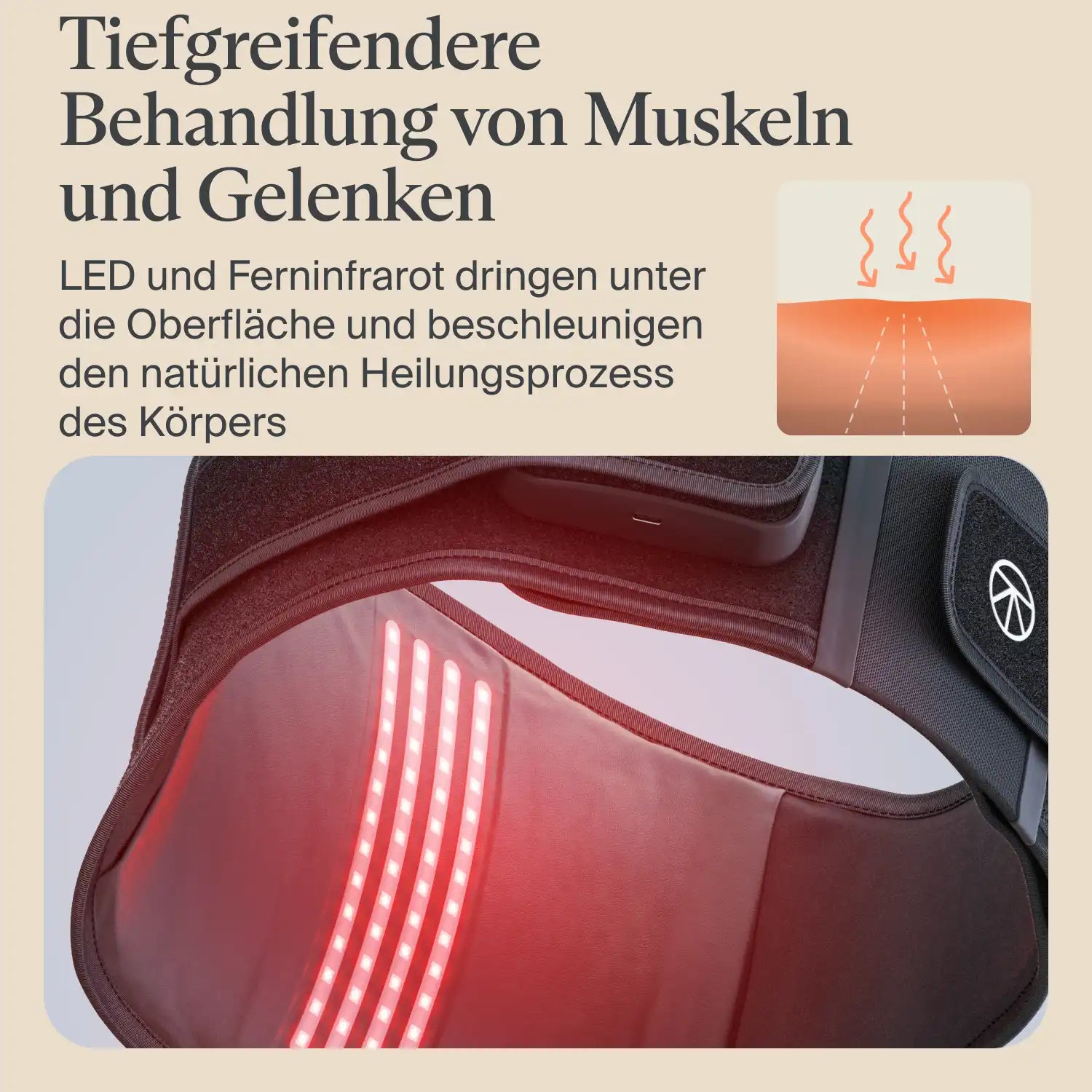 Therabody ThermBack LED Wärmegürtel Rückenbandage mit sichtbaren LED-Elementen auf der Innenseite, Darstellung der Tiefenwirkung von LED- und Infrarottherapie im Lendenbereich zur Behandlung von Muskeln und Gelenken.